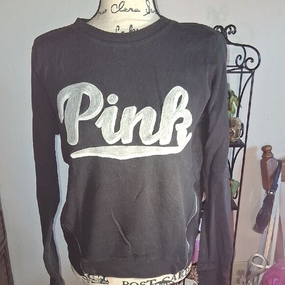 PINK VICTORIA'S SECRET Black Long Sleeve SweatShirt Pink Logo & Side Zip Small - Picture 4 of 10